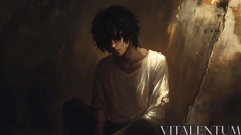 Low-key digital portrait of slumped figure in chiaroscuro light.