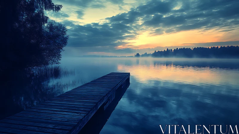 Misty lakeside pier at blue hour with reflective sunrise glow.