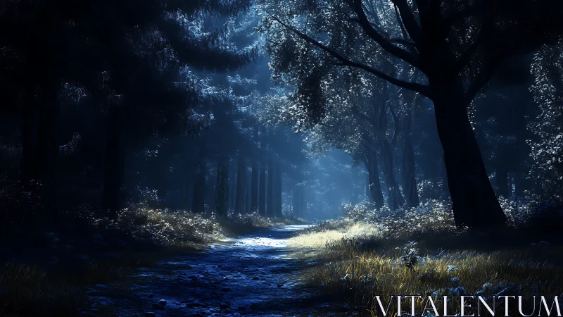 Moonlit forest path with stream and overhanging canopy