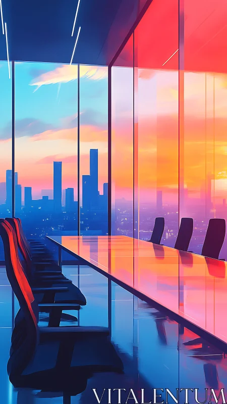 Modern Executive Suite: Sunset Cityscape Through Glass.
