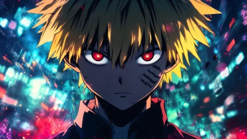 Intense anime hero stares forward amid neon chaos.