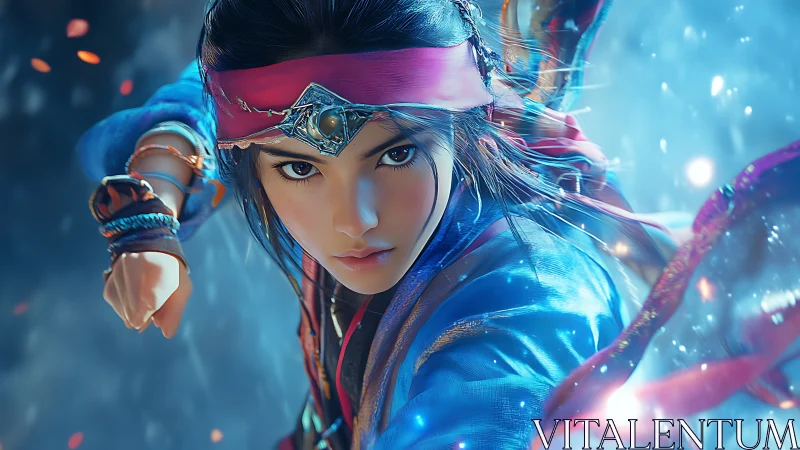 Fantasy warrior girl in dynamic blue and red motion.