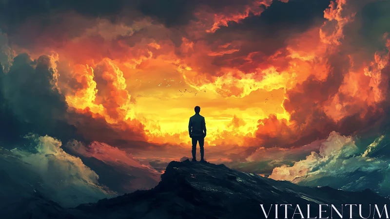 Solitary observer silhouetted against high-contrast infernal sky