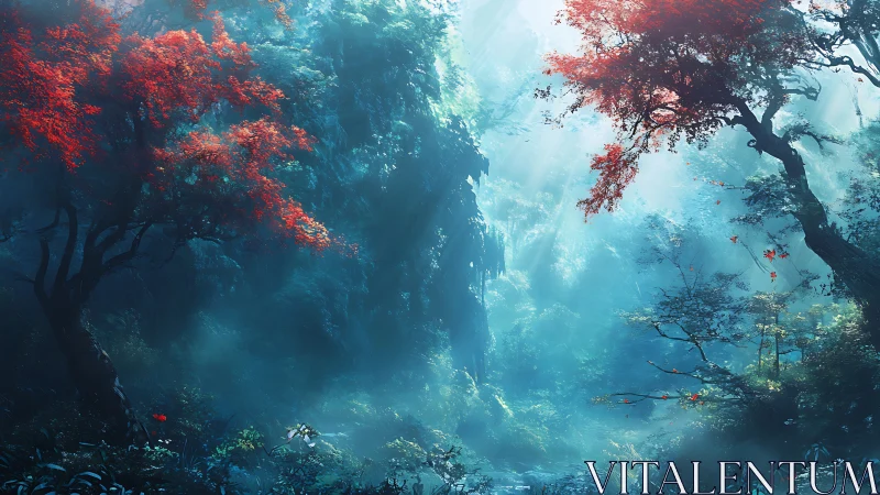 Crimson canopy forest ravine bathed in ethereal cyan luminescence.