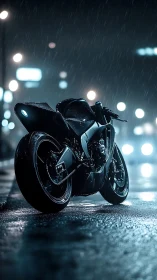 Cyberpunk superbike on neon wet street, low-angle composition.