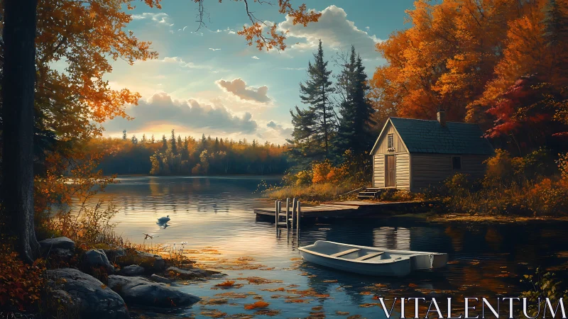 Autumn lake cabin with boat under warm evening light.