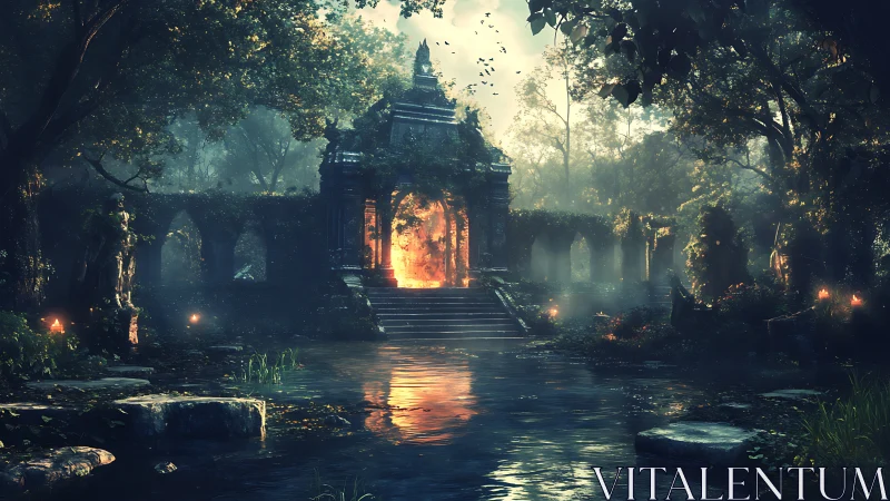 Flaming portal hums inside a moss-draped forgotten temple