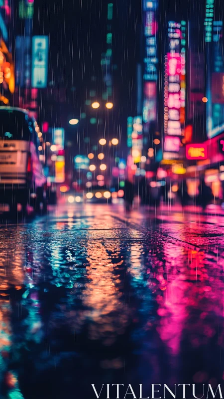 Neon rainstorm turns city street into liquid electric river.