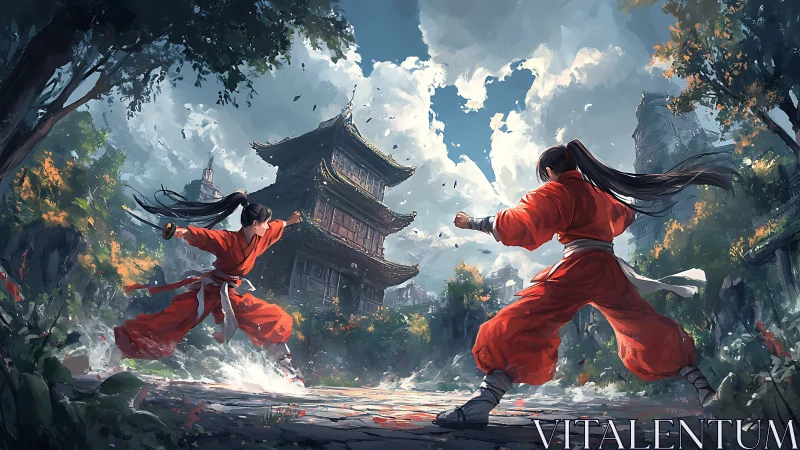 Temple courtyard showdown under restless drifting skies.