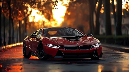 Red sports car stands on wet road under strong sunset backlight