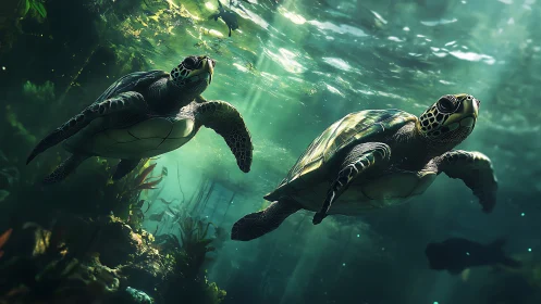 Marine turtles in shallow sunlit water with seagrass habitat.