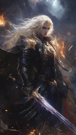 Stormlit silver knight guarding the burning dusk gate.