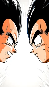 Two opposing anime warriors stare each other down closely