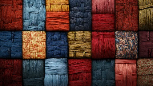 Colorful woven yarn blocks form structured textile grid