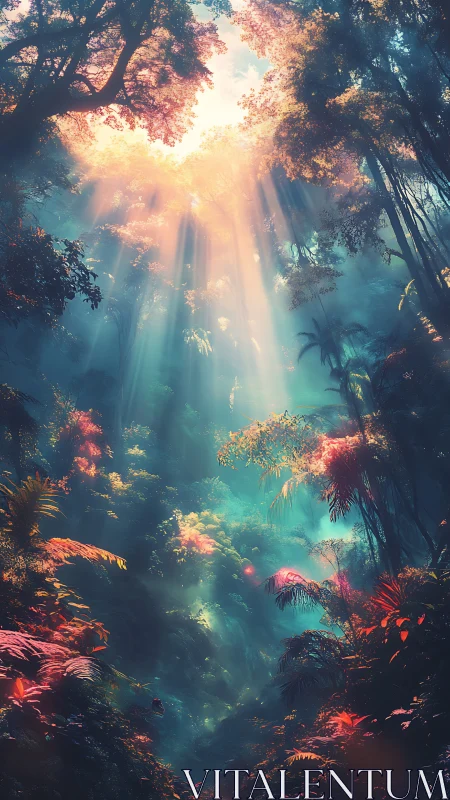Sunlit dream jungle where painted mist cradles foliage.