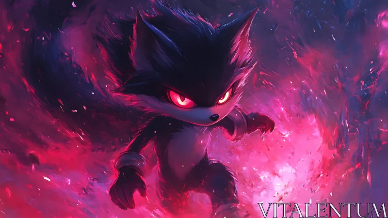Anthropomorphic fox figure stands in red and violet energy field