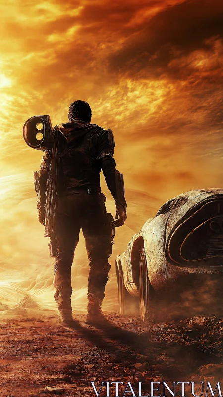 Lone wasteland wanderer surveys burning horizon in cinematic frame