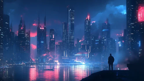 Solitary dreamer gazing across a neon drenched future city.