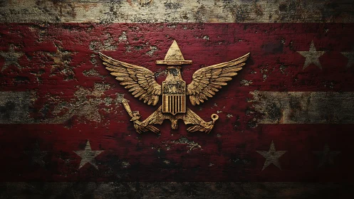 Golden military crest over weathered American flag texture.