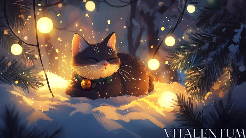 Snowy night cat illuminated by glowing festive lights.