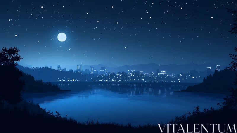Moonlit lakeside city glows softly under a gentle starry sky