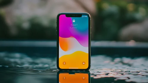 Mobile device displays gradient interface on reflective surface.
