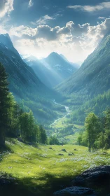 Sunlit alpine valley stretches between towering green mountains