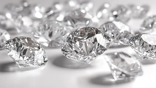 Loose round-cut diamonds scattered on reflective surface.