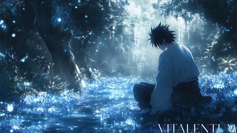 Quiet blue forest retreat with a lone thoughtful wanderer.