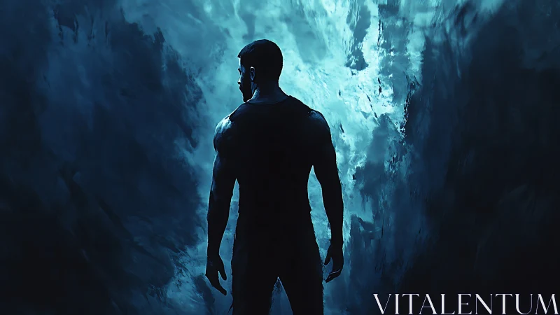 Solitary figure confronting luminous abyss of icy void.