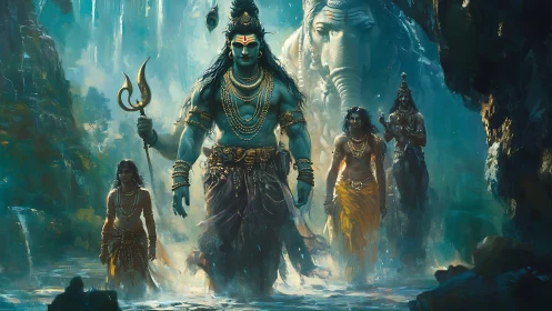 Celestial warriors stride through emerald mist and memory