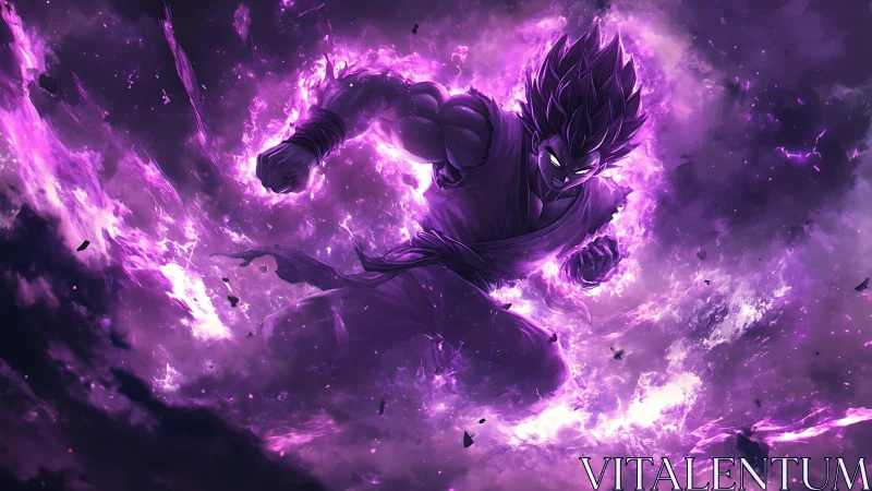 Explosive anime warrior enveloped in high-energy violet plasma field