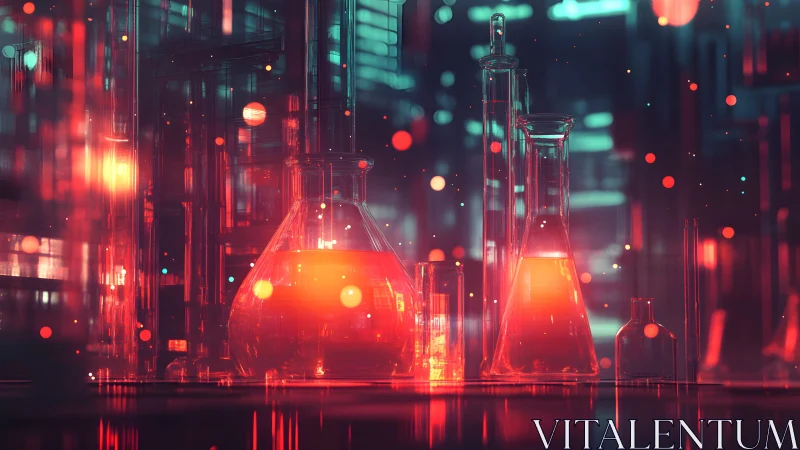 Futuristic Chemistry Lab with Glowing Glassware, Digital Art Style.