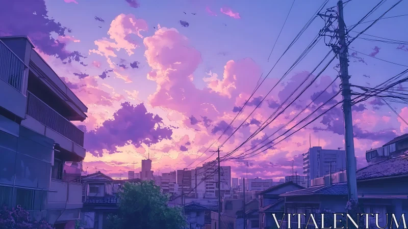 Pastel sunset sky above quiet urban residential street.