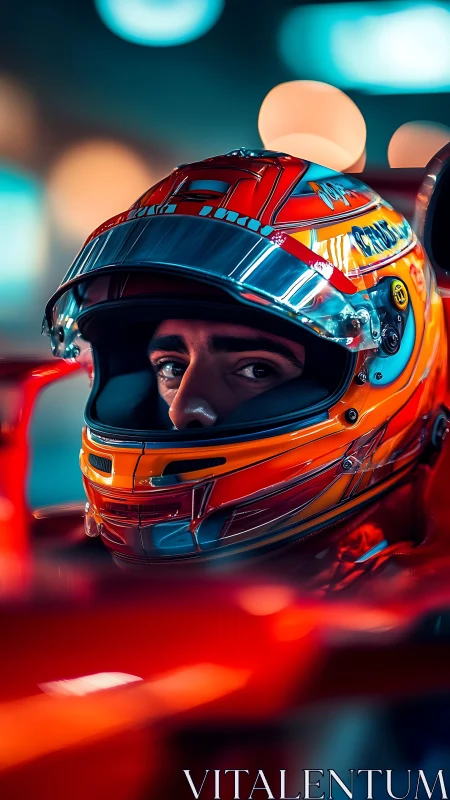 Midnight racer’s gaze in neon-soaked cockpit calm.