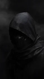 Hooded masked figure emerges from shadowed swirling darkness