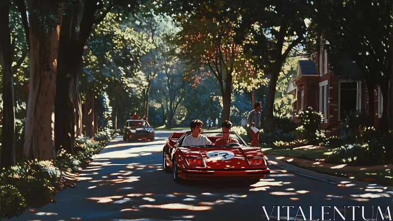 Red sports car on tree-lined suburban street in sunlit scene.