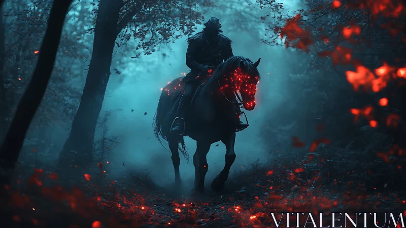Mysterious rider guides a glowing horse through a haunted forest