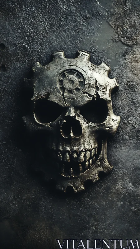 Weathered metal skull cog emblem on corroded stone background