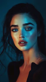 Luminous blue-lit portrait captures intense, reflective gaze.