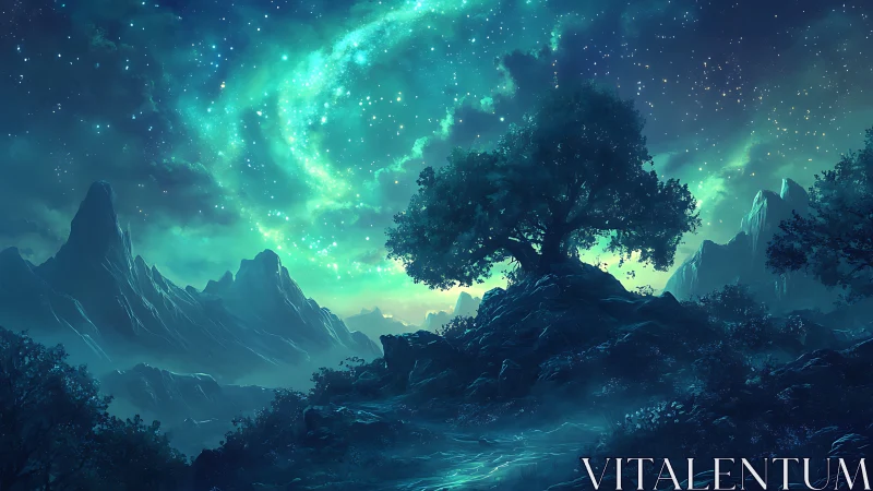 Starlit guardian tree crowns a teal soaked dream valley