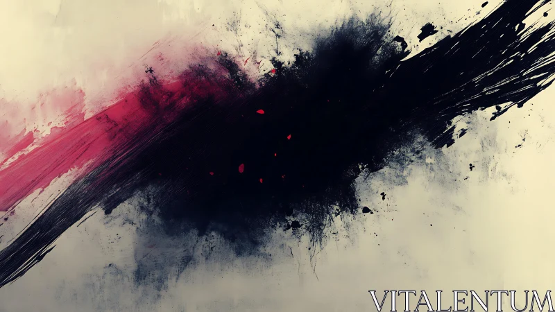 Bold abstract black and red brushstroke on cream canvas background.