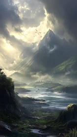 Stormlit peak above misty coast where oceans dream.