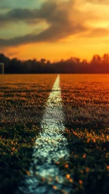 White field line on grass pitch under low sunset light.