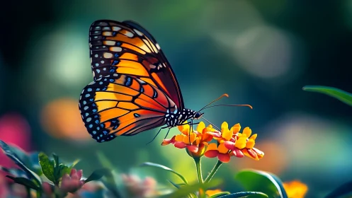 Macro study of monarch butterfly wing pattern on vivid inflorescence