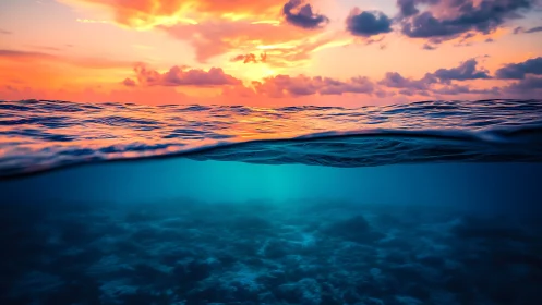 Bifurcated seascape captures sunset sky and submerged reef