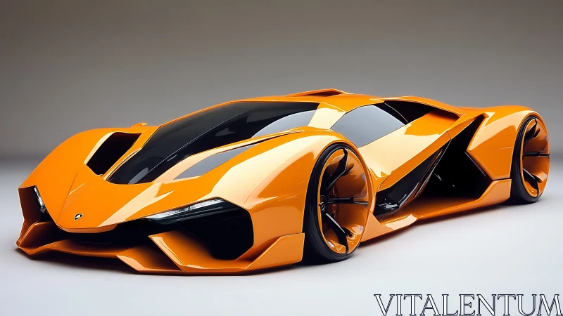 Futuristic orange hypercar concept with angular aerodynamic body.