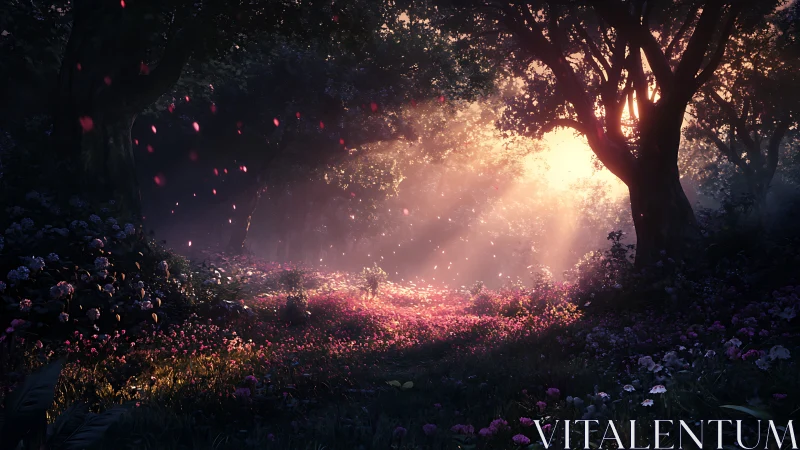 Sunlit forest glade with dense flowers and drifting petals.