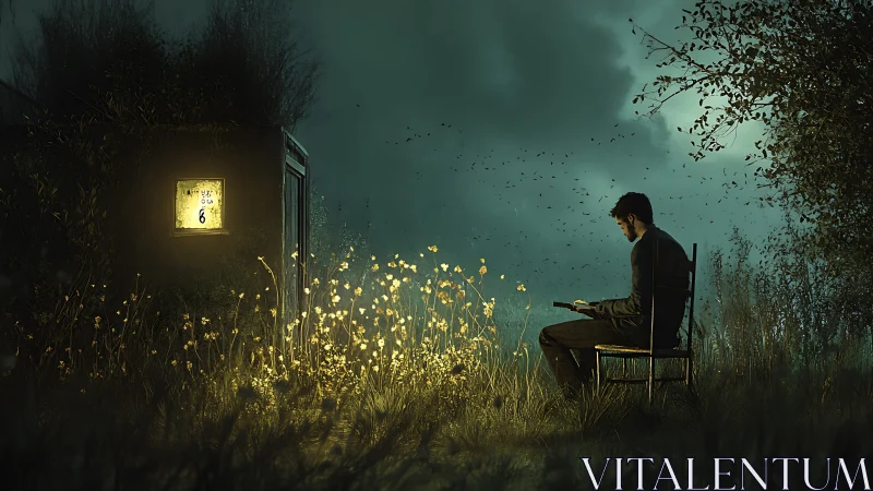 Midnight reader in a glowing field of whispered stories.