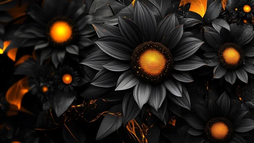 Black Sunflowers with Glowing Orange Centers and Embers.